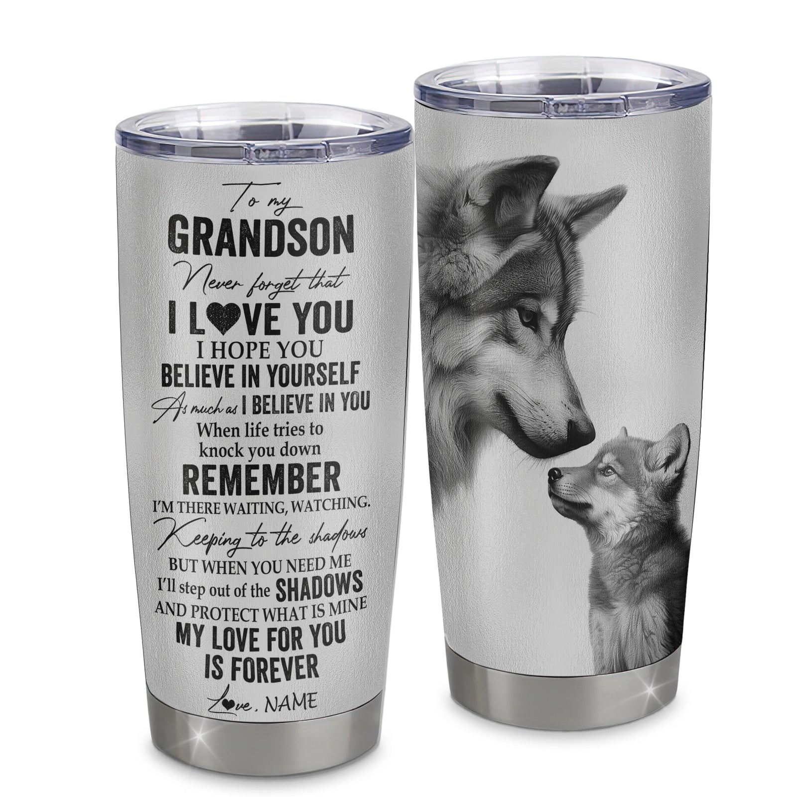 Personalized To My Grandson Tumbler From Grandpa Grandma Stainless Steel Cup Wolf My Love For You Is Forever Grandson Birthday Graduation Christmas Travel Mug | teecentury