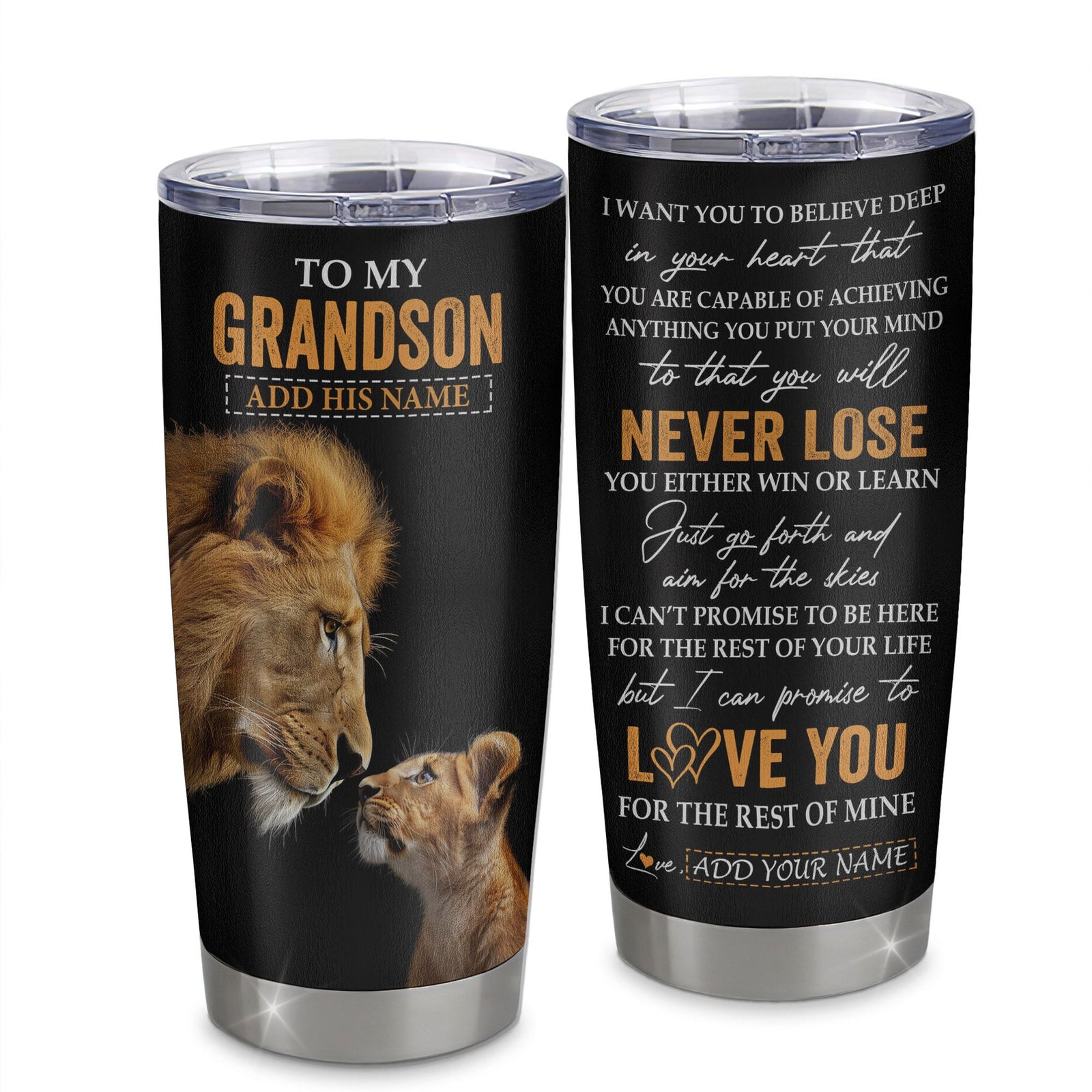 Personalized To My Grandson Tumbler From Papa Grandpa You Will Never Lose Lion Grandson Birthday Gifts Graduation Christmas Custom Stainless Steel Cup Travel Mug | teecentury