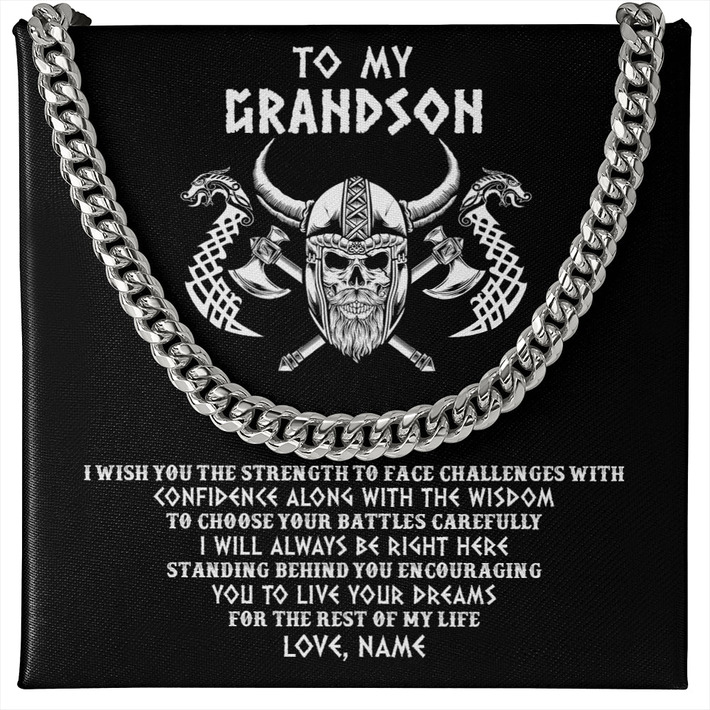 Cuban Link Chain Necklace Stainless Steel | 1 | Personalized To My Grandson Viking Necklace I Wish You The Strength Scandinavian Norse Runes Viking For Men Birthday Christmas Customized Gift Box Message Card | teecentury