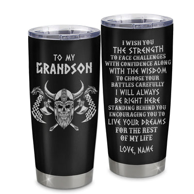 Personalized To My Grandson Viking Tumbler From Grandma Papa I Wish You The Strength Scandinavian Norse Runes Viking For Men Birthday Gifts Christmas Custom Travel Mug | teecentury