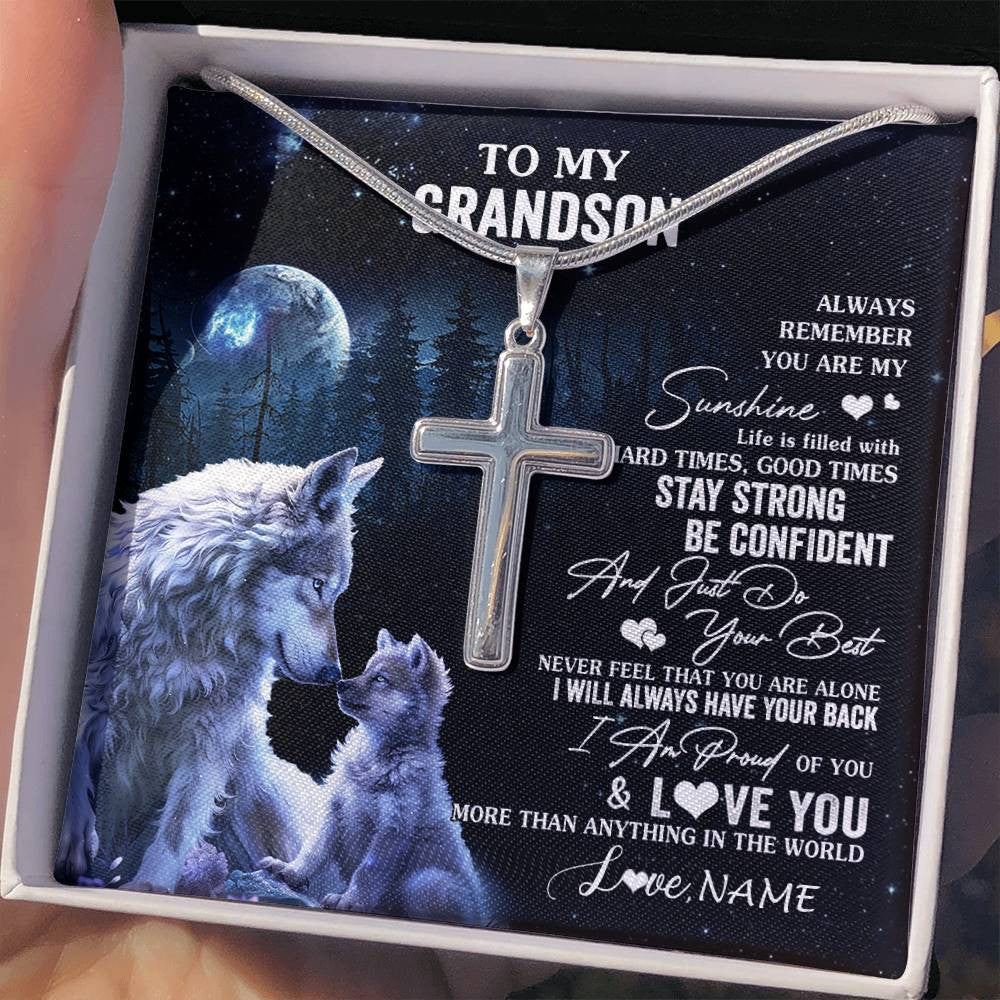 Stainless Cross Necklace Stainless Steel | 2 | Personalized To My Grandson Wolf Necklace From Grandma Papa Always Remember Grandson Birthday Graduation Christmas Customized Gift Box Message Card | teecentury