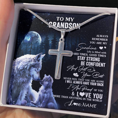 Stainless Cross Necklace Stainless Steel | 2 | Personalized To My Grandson Wolf Necklace From Grandma Papa Always Remember Grandson Birthday Graduation Christmas Customized Gift Box Message Card | teecentury