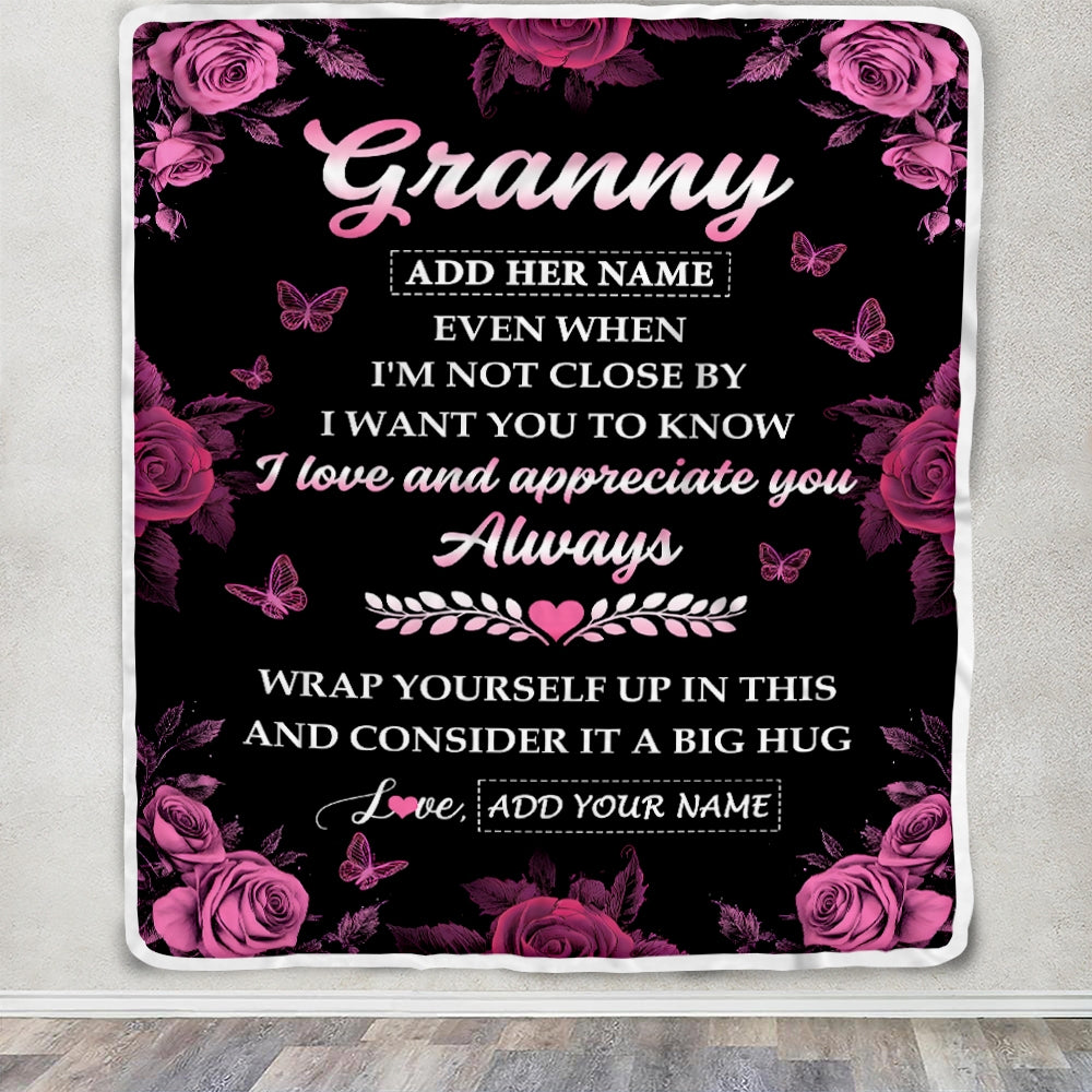 Personalized To My Granny Gifts From Granddaughter Blanket Rose Floral It A Big Hug Birthday Gift Idea For Granny Gifts Christmas Custom Fleece Throw Blanket | teecentury