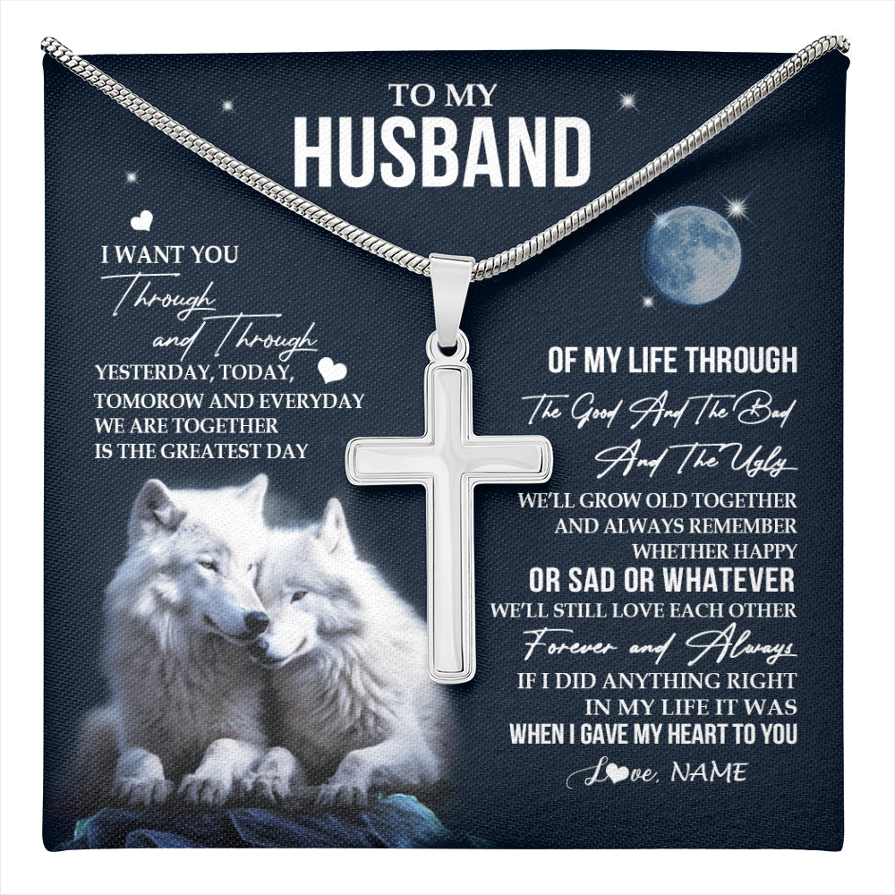 Stainless Cross Necklace Stainless Steel | 1 | Personalized To My Husband Necklace From Wife I Want You Wolf Husband Birthday Anniversary Romantic Valentines Day Christmas Customized Gift Box Message Card | teecentury