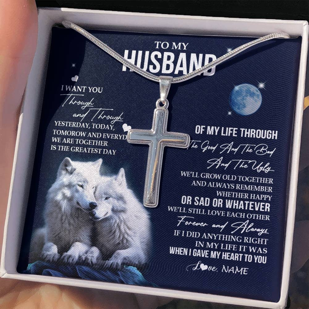Stainless Cross Necklace Stainless Steel | 2 | Personalized To My Husband Necklace From Wife I Want You Wolf Husband Birthday Anniversary Romantic Valentines Day Christmas Customized Gift Box Message Card | teecentury