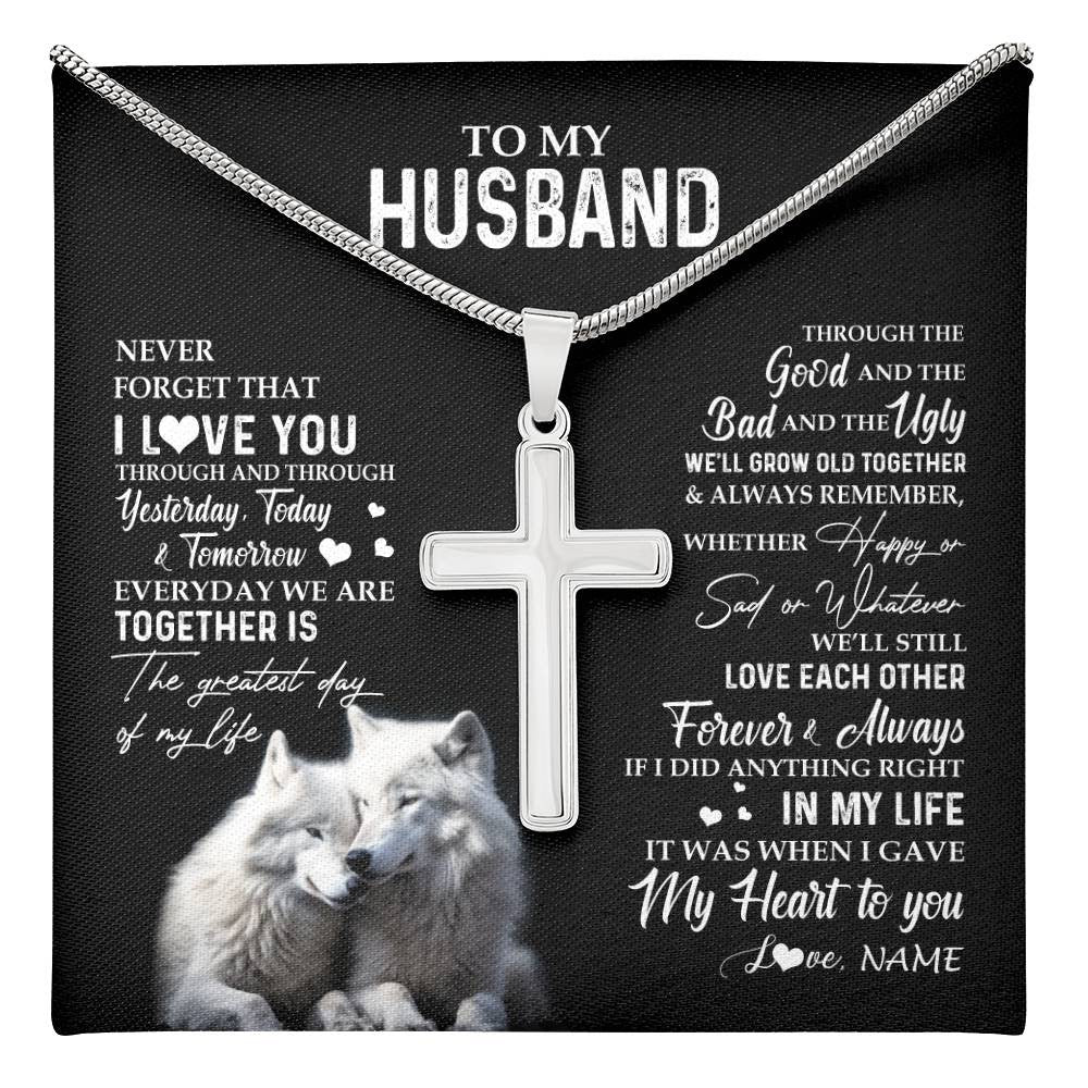 Stainless Cross Necklace Stainless Steel | 1 | Personalized To My Husband Necklace From Wife Wolf Never Forget That I Love You Husband Wedding Anniversary Birthday Christmas Customized Gift Box Message Card | teecentury