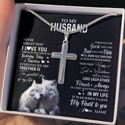 Stainless Cross Necklace Stainless Steel | 2 | Personalized To My Husband Necklace From Wife Wolf Never Forget That I Love You Husband Wedding Anniversary Birthday Christmas Customized Gift Box Message Card | teecentury
