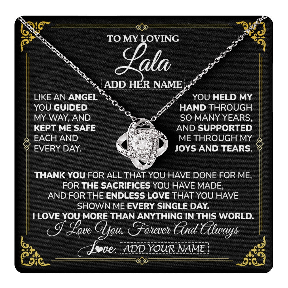 Love Knot Necklace 14K White Gold Finish | 1 | Personalized To My Lala Necklace Gifts Meaningful Gift To Lala From Granddaughter Without You There Is No Me Mothers Day Birthday Custom Gift Box Message Card | https://teecentury.