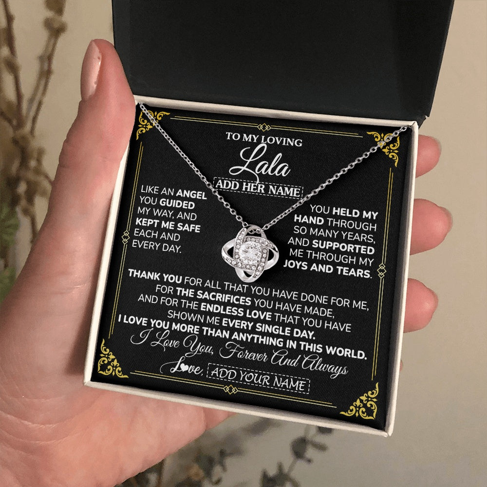 Love Knot Necklace 14K White Gold Finish | 2 | Personalized To My Lala Necklace Gifts Meaningful Gift To Lala From Granddaughter Without You There Is No Me Mothers Day Birthday Custom Gift Box Message Card | https://teecentury.