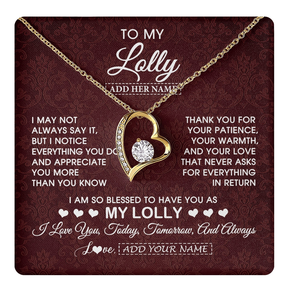 Forever Love Necklace 18K Yellow Gold Finish | 1 | Personalized To My Lolly Gifts From Granddaughter Necklace Meaningful Jewelry Pendant Gifts For Lolly Mothers Day Birthday Christmas Gift Box Message Card | https://teecentury.