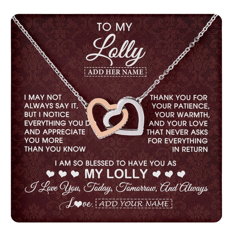Interlocking Hearts Necklace Stainless Steel & Rose Gold Finish | 1 | Personalized To My Lolly Gifts From Granddaughter Necklace Meaningful Jewelry Pendant Gifts For Lolly Mothers Day Birthday Christmas Gift Box Message Card | https://teecentury.