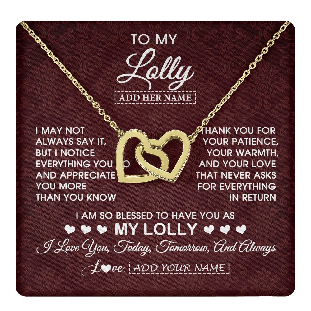 Interlocking Hearts Necklace 18K Yellow Gold Finish | 1 | Personalized To My Lolly Gifts From Granddaughter Necklace Meaningful Jewelry Pendant Gifts For Lolly Mothers Day Birthday Christmas Gift Box Message Card | https://teecentury.