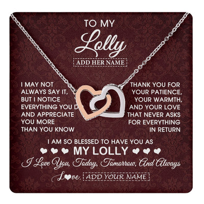 Interlocking Hearts Necklace Stainless Steel & Rose Gold Finish | 1 | Personalized To My Lolly Gifts From Granddaughter Necklace Meaningful Jewelry Pendant Gifts For Lolly Mothers Day Birthday Christmas Gift Box Message Card | https://teecentury.