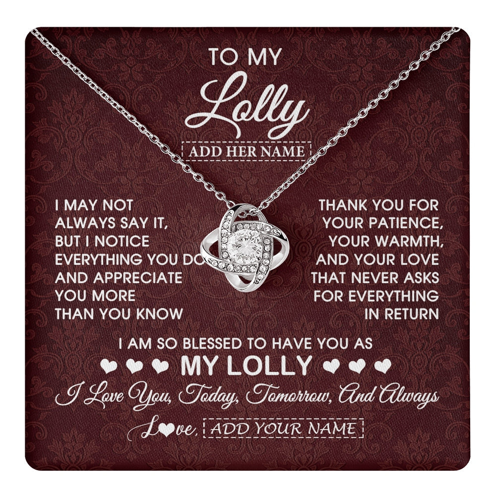 Love Knot Necklace 14K White Gold Finish | 1 | Personalized To My Lolly Gifts From Granddaughter Necklace Meaningful Jewelry Pendant Gifts For Lolly Mothers Day Birthday Christmas Gift Box Message Card | https://teecentury.