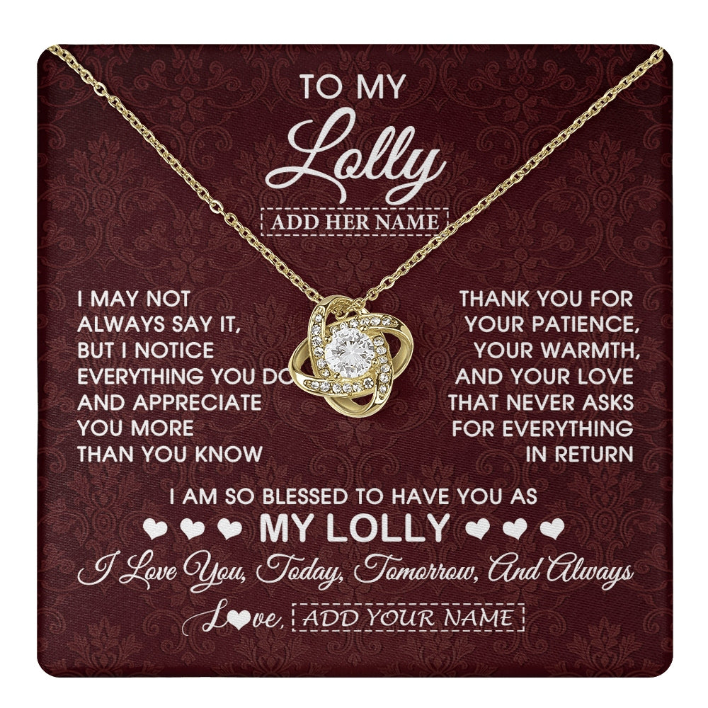 Love Knot Necklace 18K Yellow Gold Finish | 1 | Personalized To My Lolly Gifts From Granddaughter Necklace Meaningful Jewelry Pendant Gifts For Lolly Mothers Day Birthday Christmas Gift Box Message Card | https://teecentury.