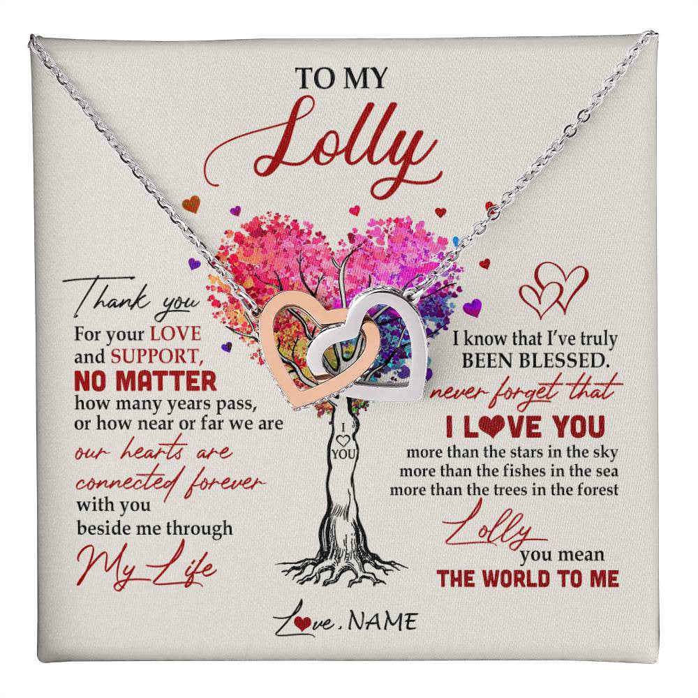 Interlocking Hearts Necklace Stainless Steel & Rose Gold Finish | 1 | Personalized To My Lolly Necklace From Grandkids Never Forget That I Love You You Mean The World Lolly Birthday Mothers Day Jewelry Customized Gift Box Message Card | teecentury