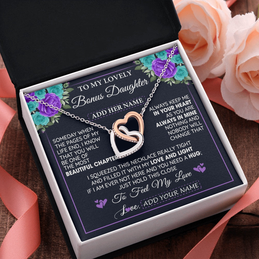 Interlocking Hearts Necklace Stainless Steel & Rose Gold Finish | 2 | Personalized To My Lovely Bonus Daughter Necklace Gift From Stepdad Feel My Love Stepdaughter Birthday Gift Mother's Day Christmas Gift Box Message Card | teecentury.myshopify