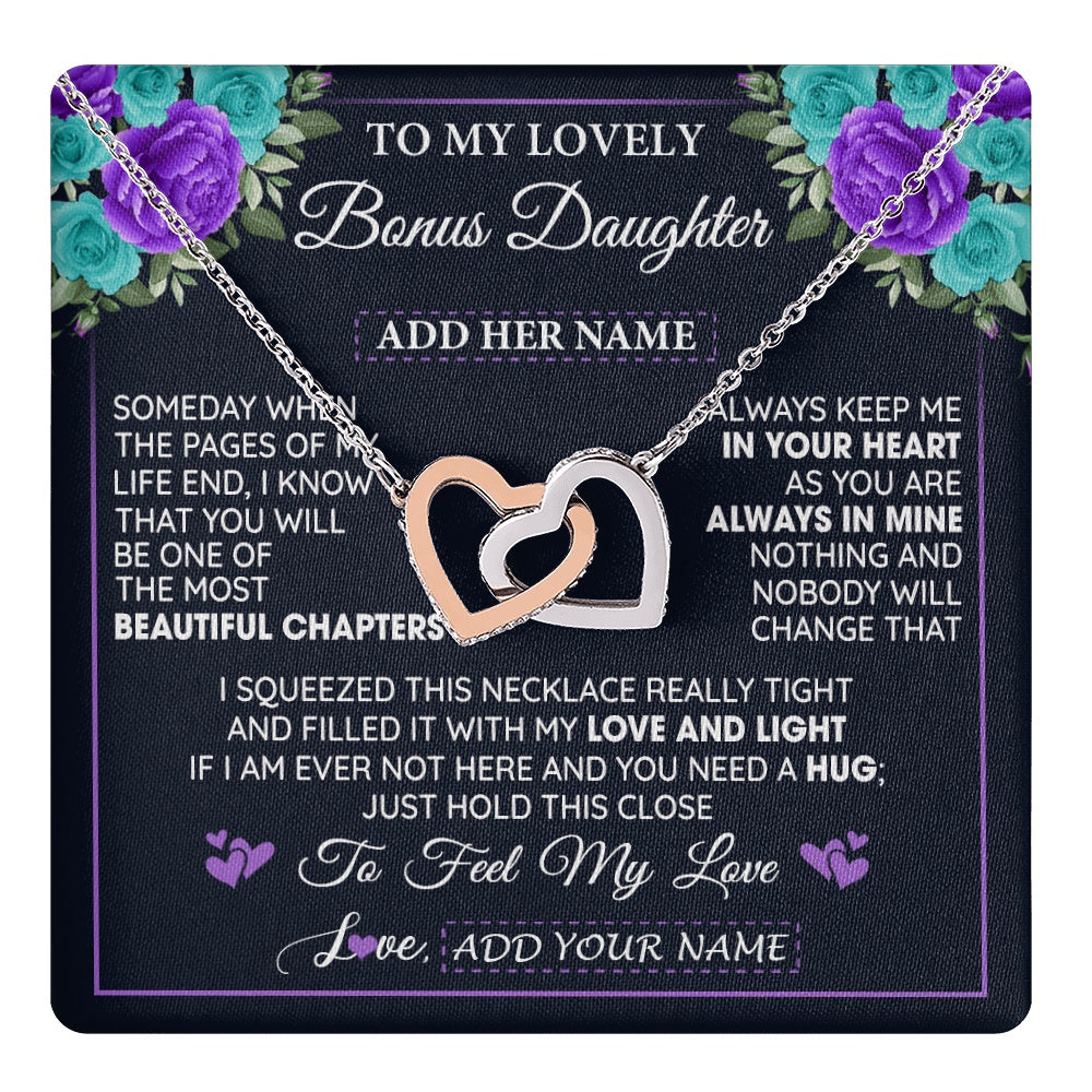 Interlocking Hearts Necklace Stainless Steel & Rose Gold Finish | 1 | Personalized To My Lovely Bonus Daughter Necklace Gift From Stepdad Feel My Love Stepdaughter Birthday Gift Mother's Day Christmas Gift Box Message Card | teecentury.myshopify