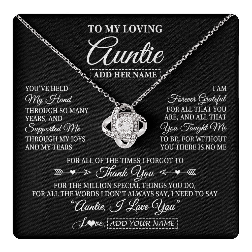 Love Knot Necklace 14K White Gold Finish | 1 | Personalized To My Loving Auntie Necklace From Niece You've Help My Hand Auntie Gift From Nephew Auntie Birthday Gifts Mothers Day Custom Gift Box Message Card | https://teecentury.