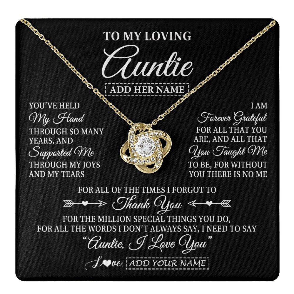 Love Knot Necklace 18K Yellow Gold Finish | 1 | Personalized To My Loving Auntie Necklace From Niece You've Help My Hand Auntie Gift From Nephew Auntie Birthday Gifts Mothers Day Custom Gift Box Message Card | https://teecentury.