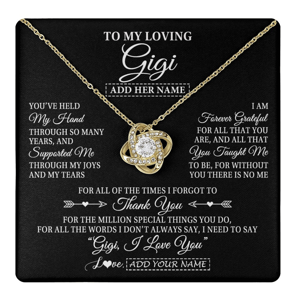 Love Knot Necklace 18K Yellow Gold Finish | 1 | Personalized To My Loving Gigi Necklace From Granddaughter You've Help My Hand Gigi Gift From Grandson Gigi Birthday Gifts Mothers Day Gift Box Message Card | https://teecentury.
