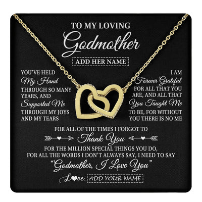 Interlocking Hearts Necklace 18K Yellow Gold Finish | 1 | Personalized To My Loving Godmother Necklace From Niece You've Help My Hand Aunt Gift From Godchild Godmother Birthday Gifts Mothers Day Gift Box Message Card | https://teecentury.