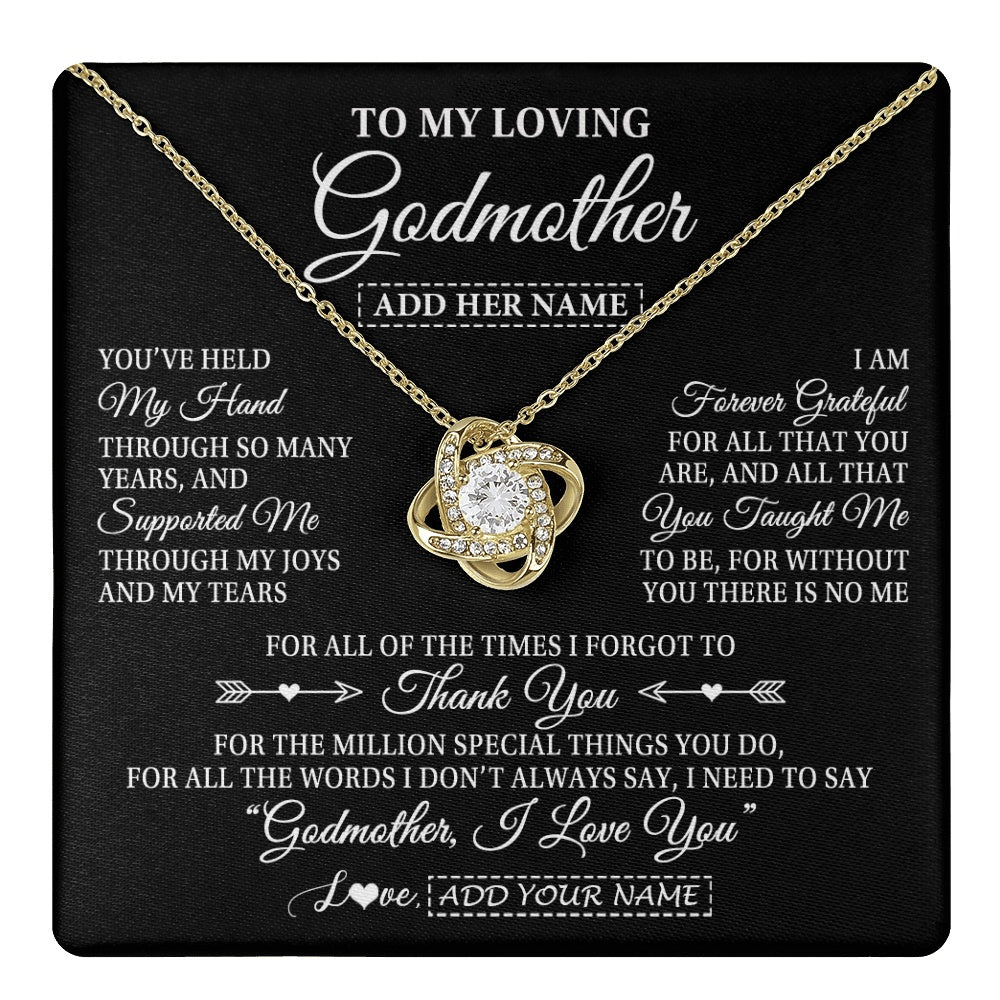 Love Knot Necklace 18K Yellow Gold Finish | 1 | Personalized To My Loving Godmother Necklace From Niece You've Help My Hand Aunt Gift From Godchild Godmother Birthday Gifts Mothers Day Gift Box Message Card | https://teecentury.