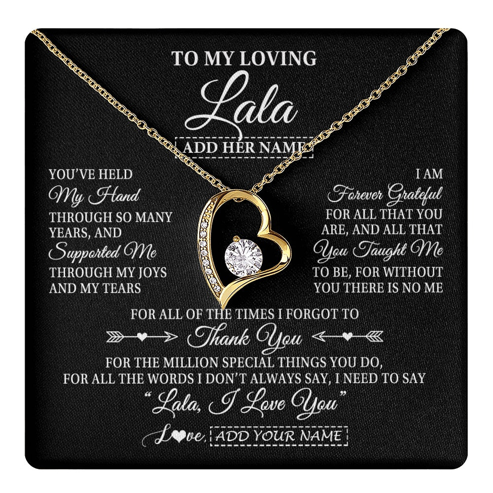 Forever Love Necklace 18K Yellow Gold Finish | 1 | Personalized To My Loving Lala Necklace From Granddaughter You've Help My Hand Lala Gift From Grandson Lala Birthday Mothers Day Custom Gift Box Message Card | https://teecentury.