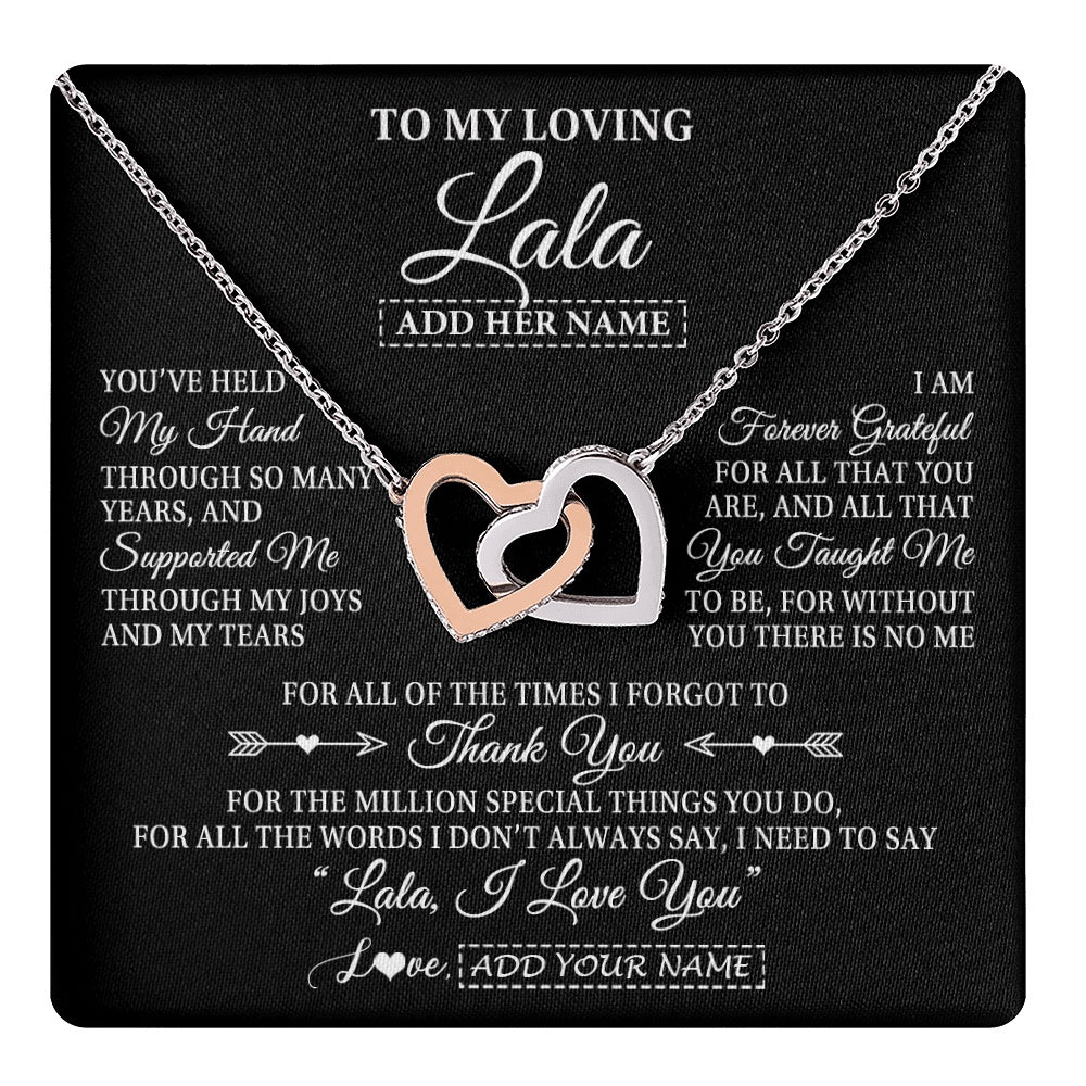 Interlocking Hearts Necklace Stainless Steel & Rose Gold Finish | 1 | Personalized To My Loving Lala Necklace From Granddaughter You've Help My Hand Lala Gift From Grandson Lala Birthday Mothers Day Custom Gift Box Message Card | https://teecentury.