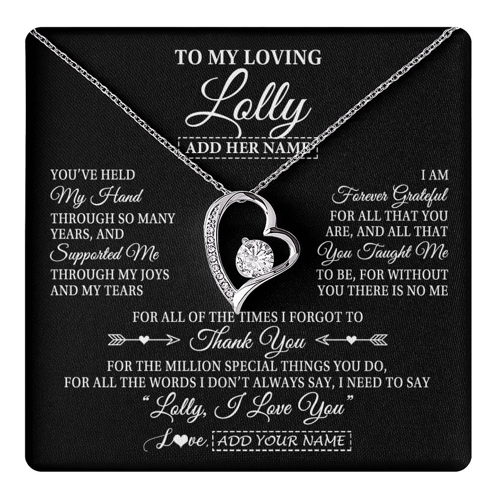Forever Love Necklace 14K White Gold Finish | 1 | Personalized To My Loving Lolly Necklace From Granddaughter You've Help My Hand Lolly Gift From Grandson Lolly Birthday Mothers Day Gift Box Message Card | https://teecentury.