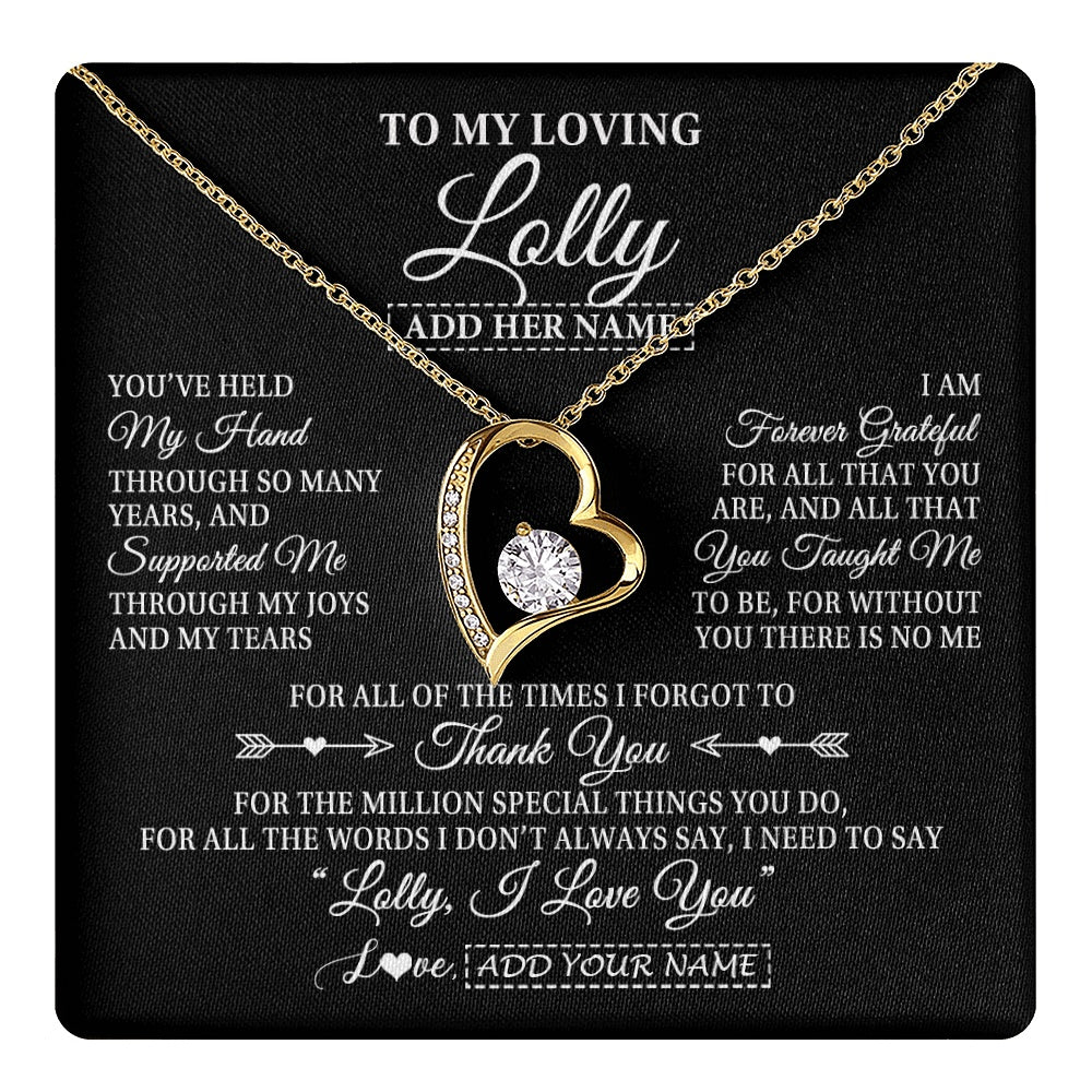 Forever Love Necklace 18K Yellow Gold Finish | 1 | Personalized To My Loving Lolly Necklace From Granddaughter You've Help My Hand Lolly Gift From Grandson Lolly Birthday Mothers Day Gift Box Message Card | https://teecentury.