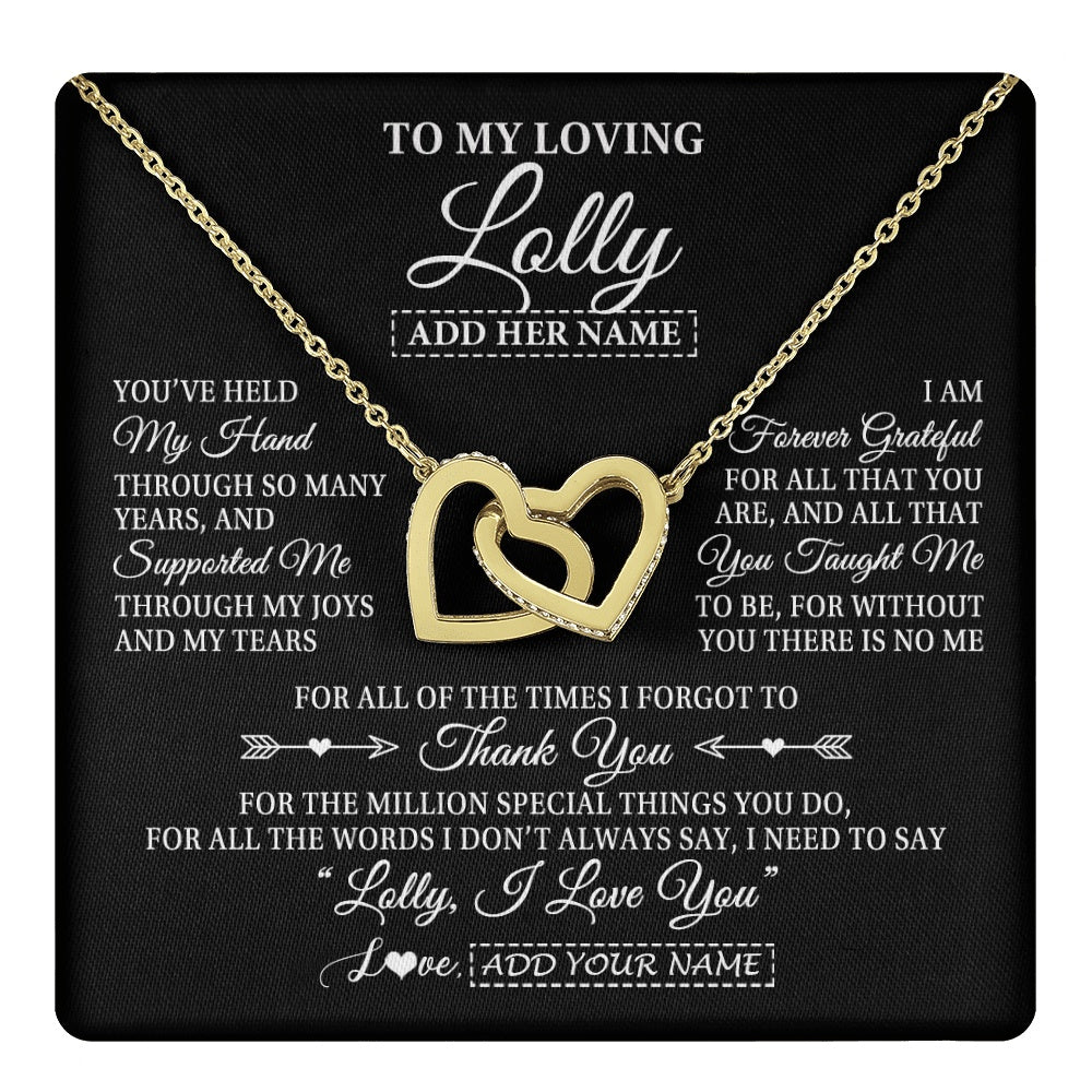 Interlocking Hearts Necklace 18K Yellow Gold Finish | 1 | Personalized To My Loving Lolly Necklace From Granddaughter You've Help My Hand Lolly Gift From Grandson Lolly Birthday Mothers Day Gift Box Message Card | https://teecentury.