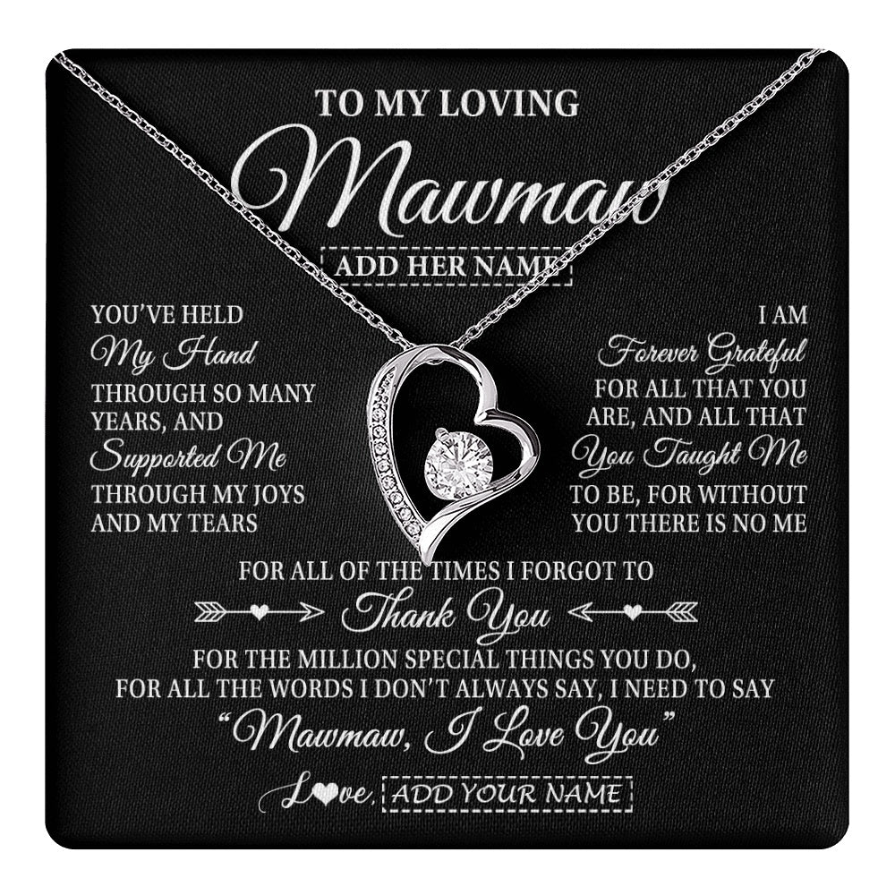 Forever Love Necklace 14K White Gold Finish | 1 | Personalized To My Loving Mawmaw Necklace From Granddaughter You've Help My Hand Mawmaw Gift From Grandson Mawmaw Birthday Mothers Day Gift Box Message Card | https://teecentury.
