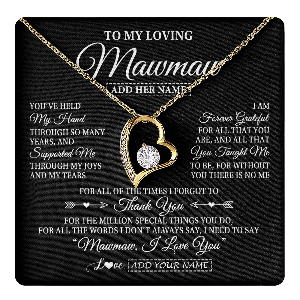 Forever Love Necklace 18K Yellow Gold Finish | 1 | Personalized To My Loving Mawmaw Necklace From Granddaughter You've Help My Hand Mawmaw Gift From Grandson Mawmaw Birthday Mothers Day Gift Box Message Card | https://teecentury.