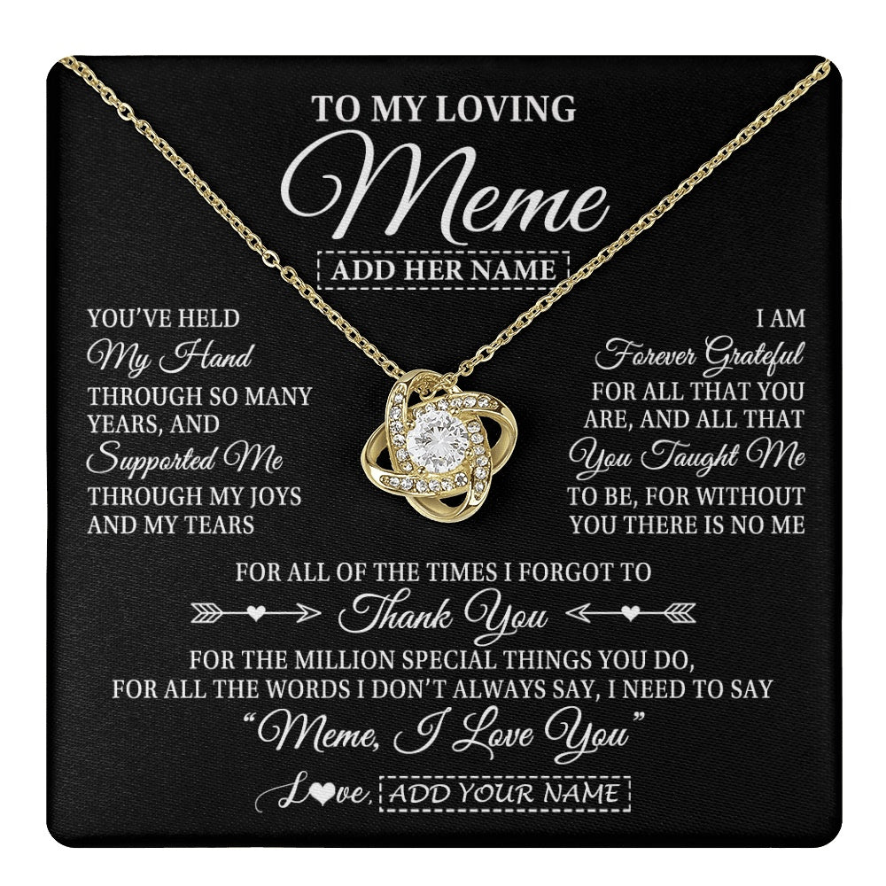 Love Knot Necklace 18K Yellow Gold Finish | 1 | Personalized To My Loving Meme Necklace From Granddaughter You've Help My Hand Meme Gift From Grandson Meme Birthday Mothers Day Custom Gift Box Message Card | https://teecentury.