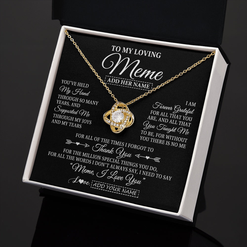 Love Knot Necklace 18K Yellow Gold Finish | 2 | Personalized To My Loving Meme Necklace From Granddaughter You've Help My Hand Meme Gift From Grandson Meme Birthday Mothers Day Custom Gift Box Message Card | https://teecentury.
