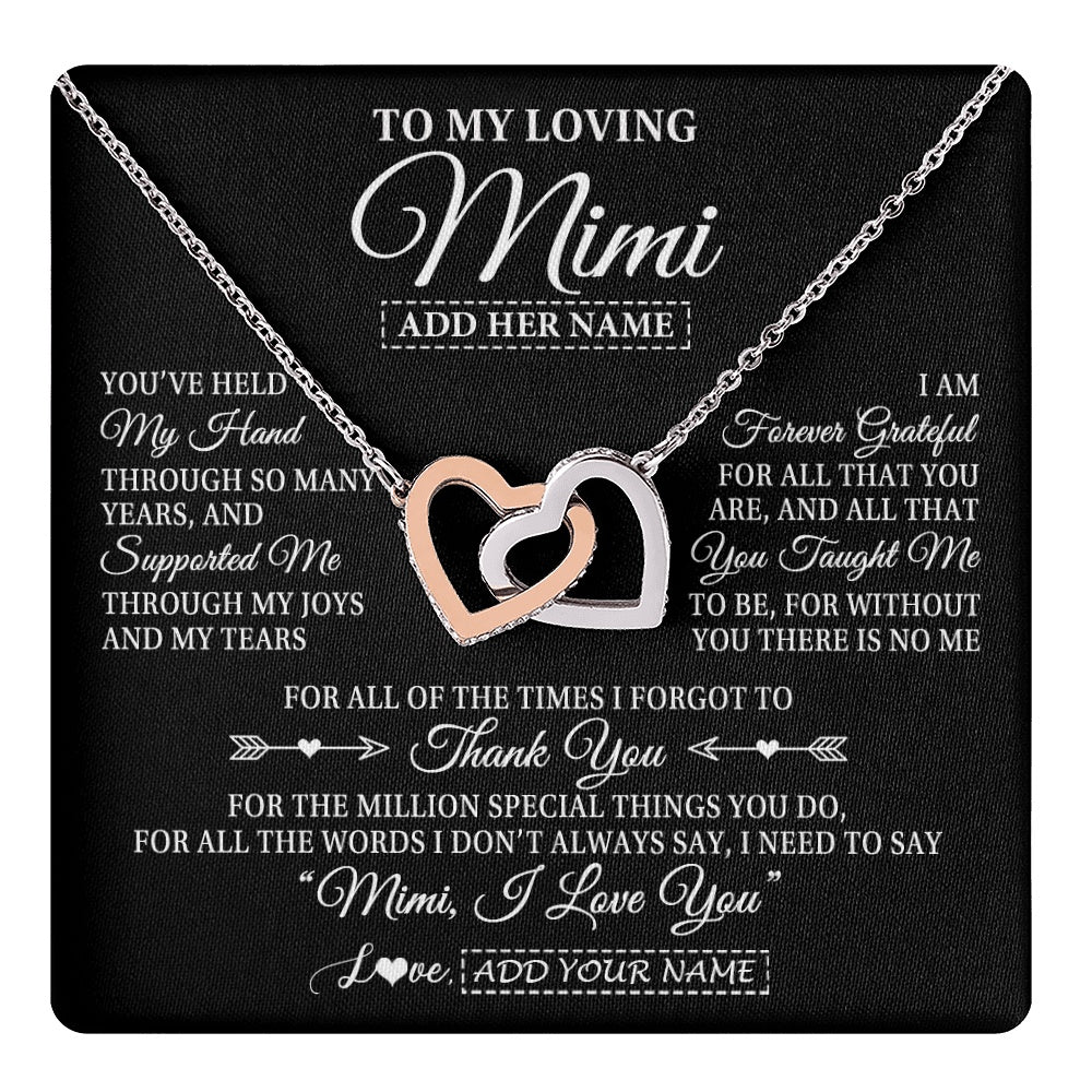 Interlocking Hearts Necklace Stainless Steel & Rose Gold Finish | 1 | Personalized To My Loving Mimi Necklace From Granddaughter You've Help My Hand Mimi Gift From Grandson Mimi Birthday Mothers Day Custom Gift Box Message Card | https://teecentury.