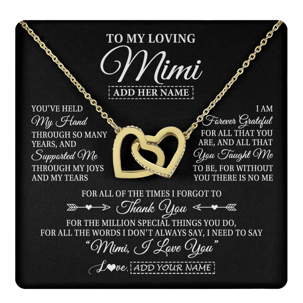 Interlocking Hearts Necklace 18K Yellow Gold Finish | 1 | Personalized To My Loving Mimi Necklace From Granddaughter You've Help My Hand Mimi Gift From Grandson Mimi Birthday Mothers Day Custom Gift Box Message Card | https://teecentury.