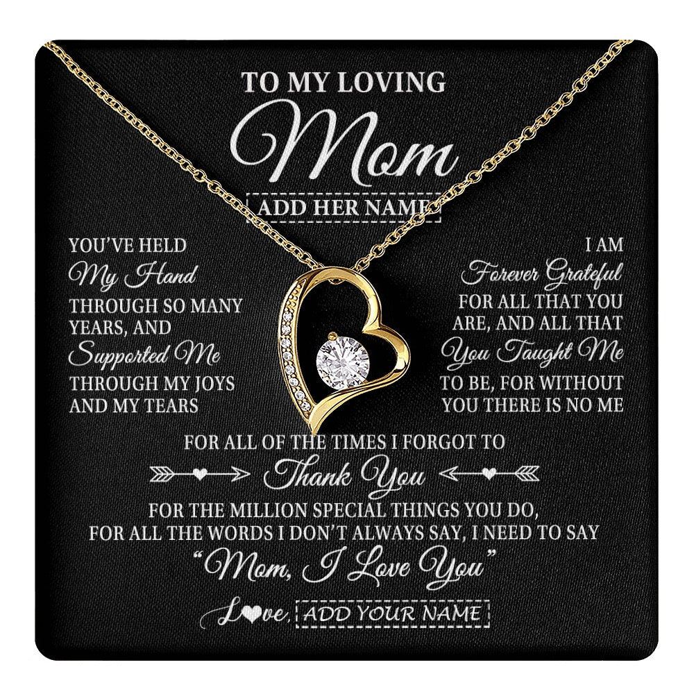 Forever Love Necklace 18K Yellow Gold Finish | 1 | Personalized To My Loving Mom Necklace From Son You've Help My Hand Mom Gift From Daughter Mom Birthday Gifts Mothers Day Custom Gift Box Message Card | https://teecentury.