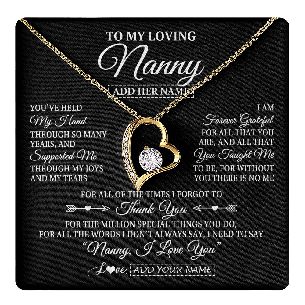 Forever Love Necklace 18K Yellow Gold Finish | 1 | Personalized To My Loving Nanny Necklace From Granddaughter You've Help My Hand Nanny Gift From Grandson Nanny Birthday Mothers Day Gift Box Message Card | https://teecentury.