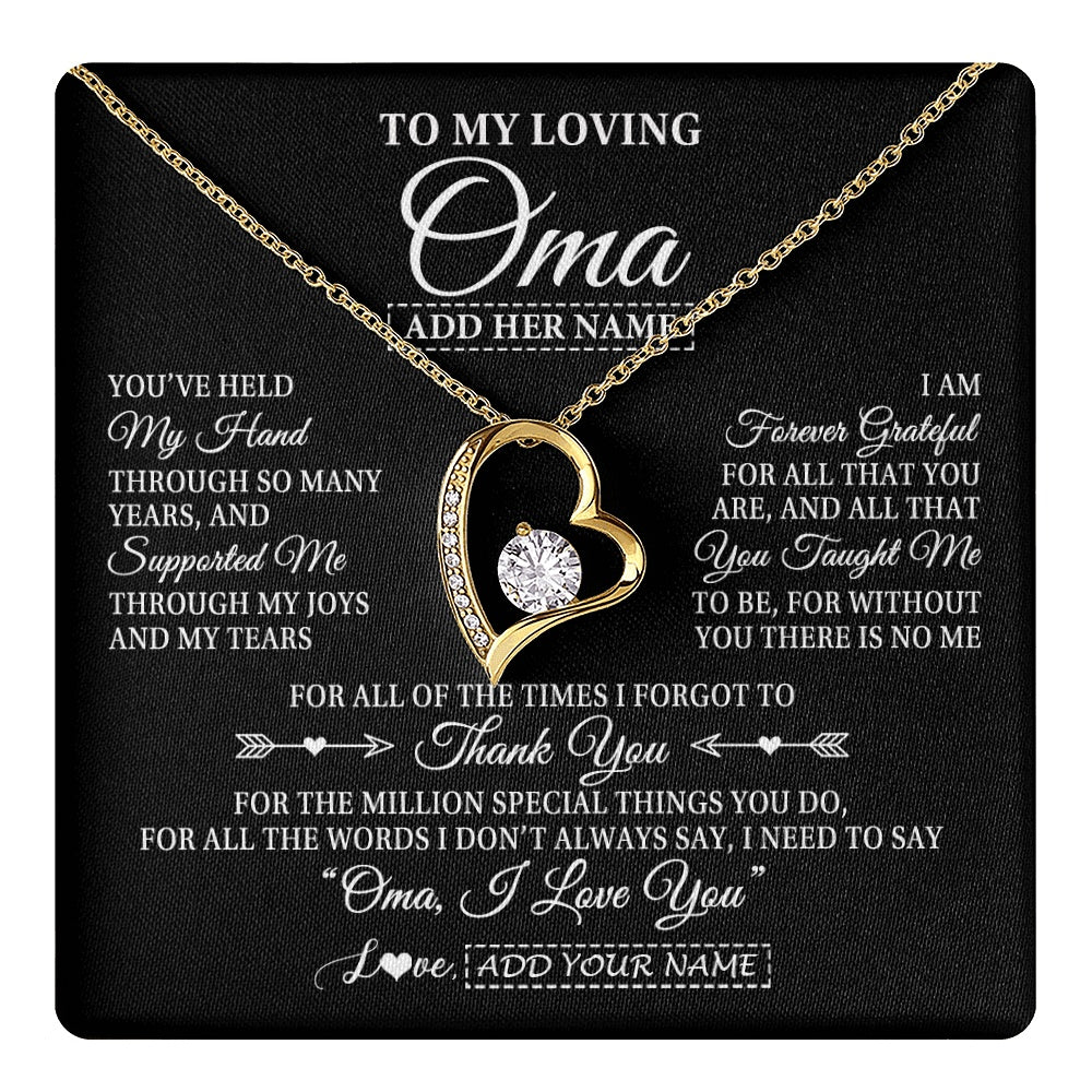 Forever Love Necklace 18K Yellow Gold Finish | 1 | Personalized To My Loving Oma Necklace From Granddaughter You've Help My Hand Oma Gift From Grandson Oma Birthday Gifts Mothers Day Gift Box Message Card | https://teecentury.