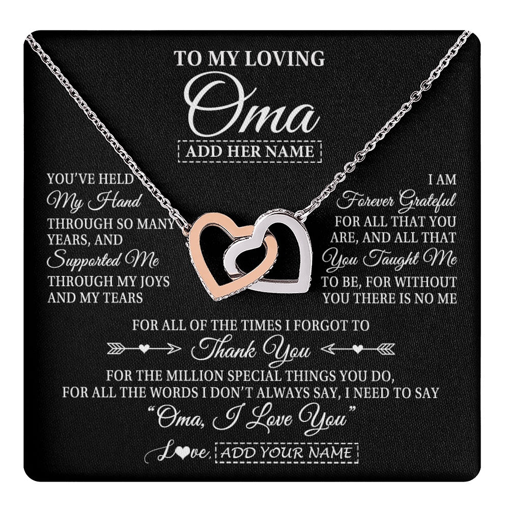 Interlocking Hearts Necklace Stainless Steel & Rose Gold Finish | 1 | Personalized To My Loving Oma Necklace From Granddaughter You've Help My Hand Oma Gift From Grandson Oma Birthday Gifts Mothers Day Gift Box Message Card | https://teecentury.