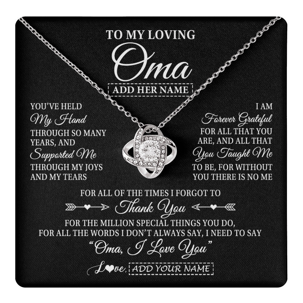 Love Knot Necklace 14K White Gold Finish | 1 | Personalized To My Loving Oma Necklace From Granddaughter You've Help My Hand Oma Gift From Grandson Oma Birthday Gifts Mothers Day Gift Box Message Card | https://teecentury.