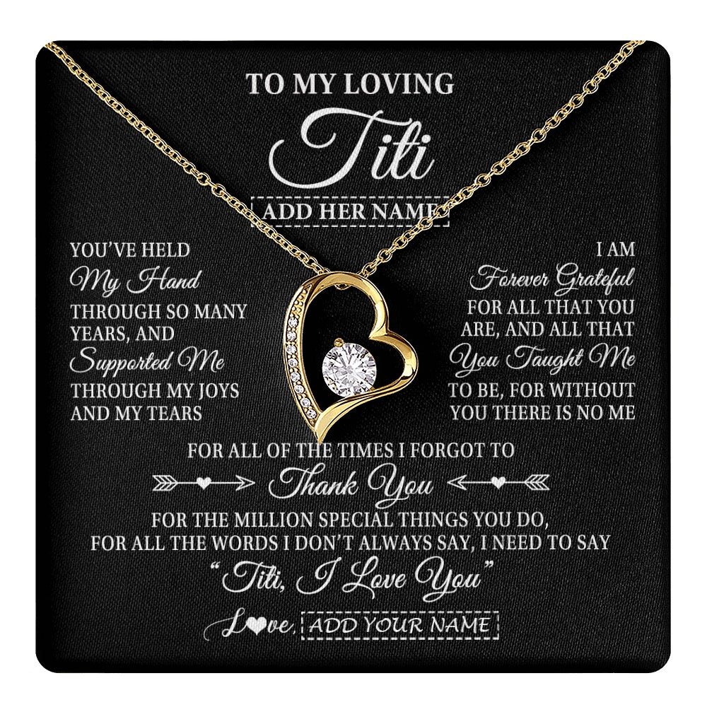 Forever Love Necklace 18K Yellow Gold Finish | 1 | Personalized To My Loving Titi Necklace From Niece You've Help My Hand Aunt Gift From Nephew Aunt Birthday Gifts Mothers Day Custom Gift Box Message Card | https://teecentury.