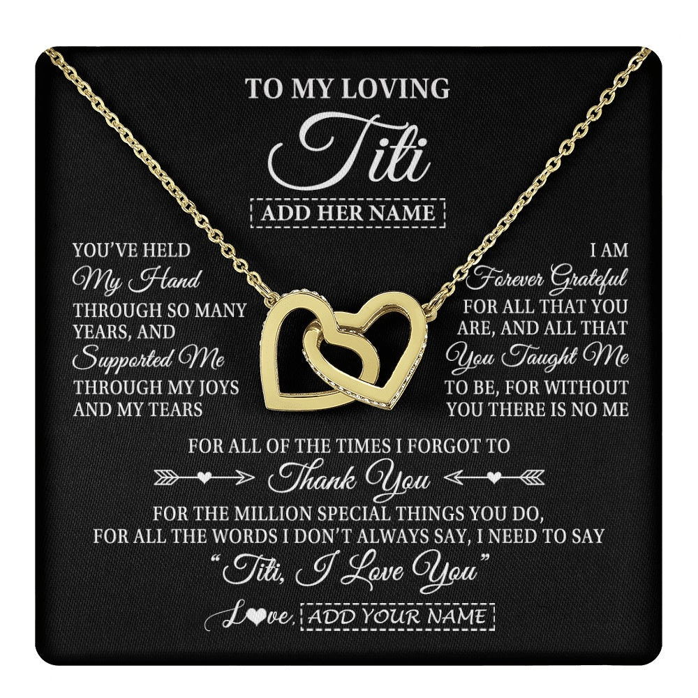 Interlocking Hearts Necklace 18K Yellow Gold Finish | 1 | Personalized To My Loving Titi Necklace From Niece You've Help My Hand Aunt Gift From Nephew Aunt Birthday Gifts Mothers Day Custom Gift Box Message Card | https://teecentury.