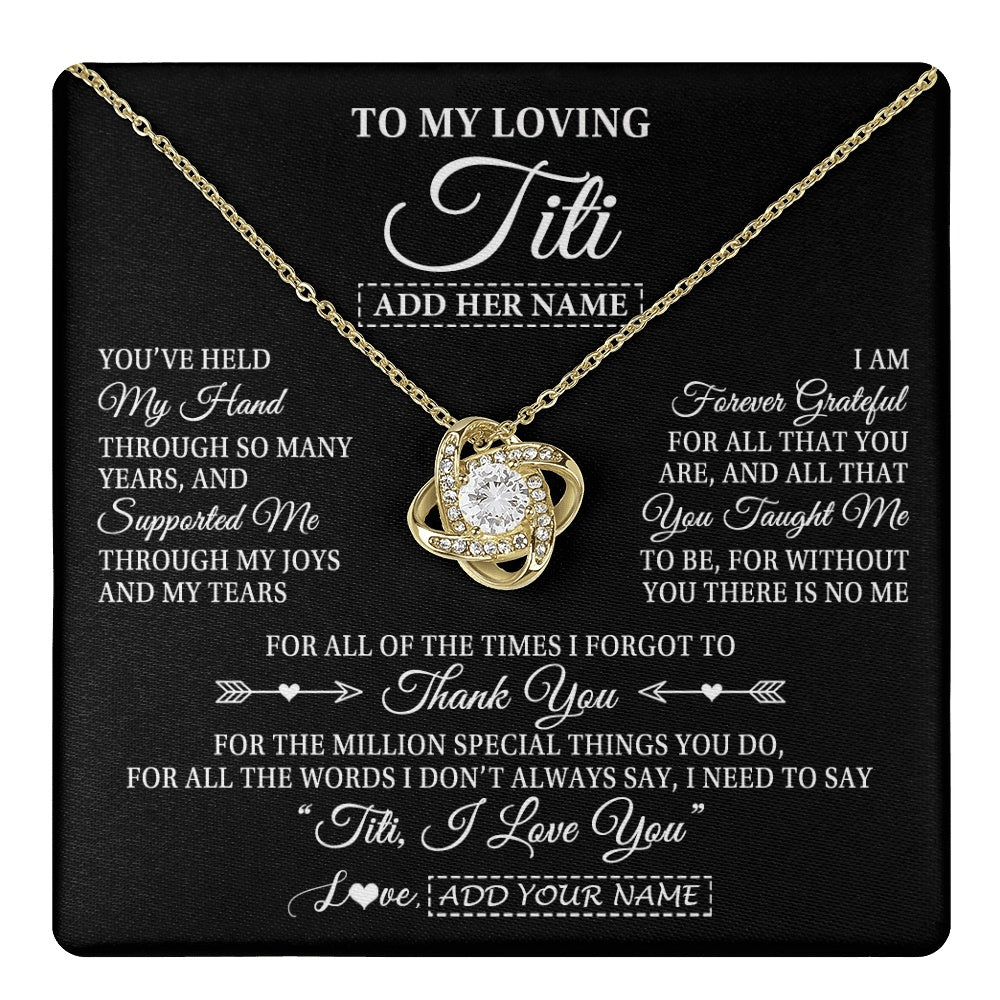 Love Knot Necklace 18K Yellow Gold Finish | 1 | Personalized To My Loving Titi Necklace From Niece You've Help My Hand Aunt Gift From Nephew Aunt Birthday Gifts Mothers Day Custom Gift Box Message Card | https://teecentury.