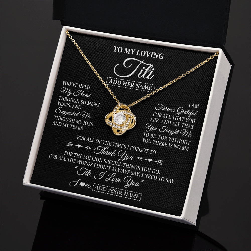 Love Knot Necklace 18K Yellow Gold Finish | 2 | Personalized To My Loving Titi Necklace From Niece You've Help My Hand Aunt Gift From Nephew Aunt Birthday Gifts Mothers Day Custom Gift Box Message Card | https://teecentury.