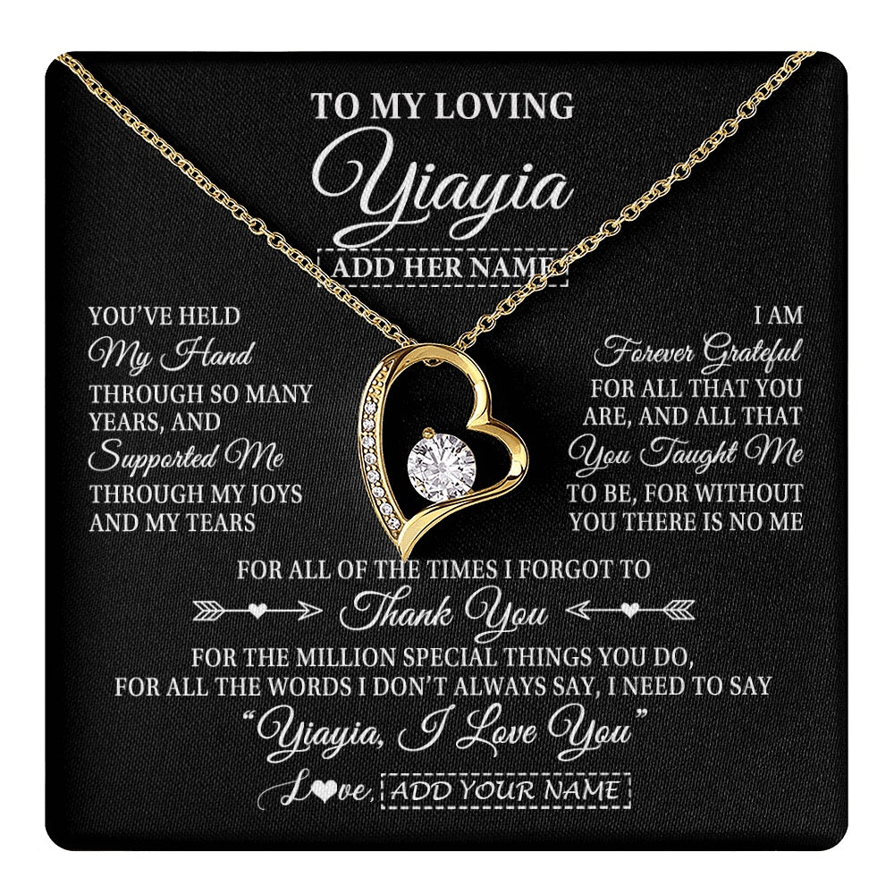 Forever Love Necklace 18K Yellow Gold Finish | 1 | Personalized To My Loving Yiayia Necklace From Granddaughter You've Help My Hand Yiayia Gift From Grandson Yiayia Birthday Mothers Day Gift Box Message Card | https://teecentury.