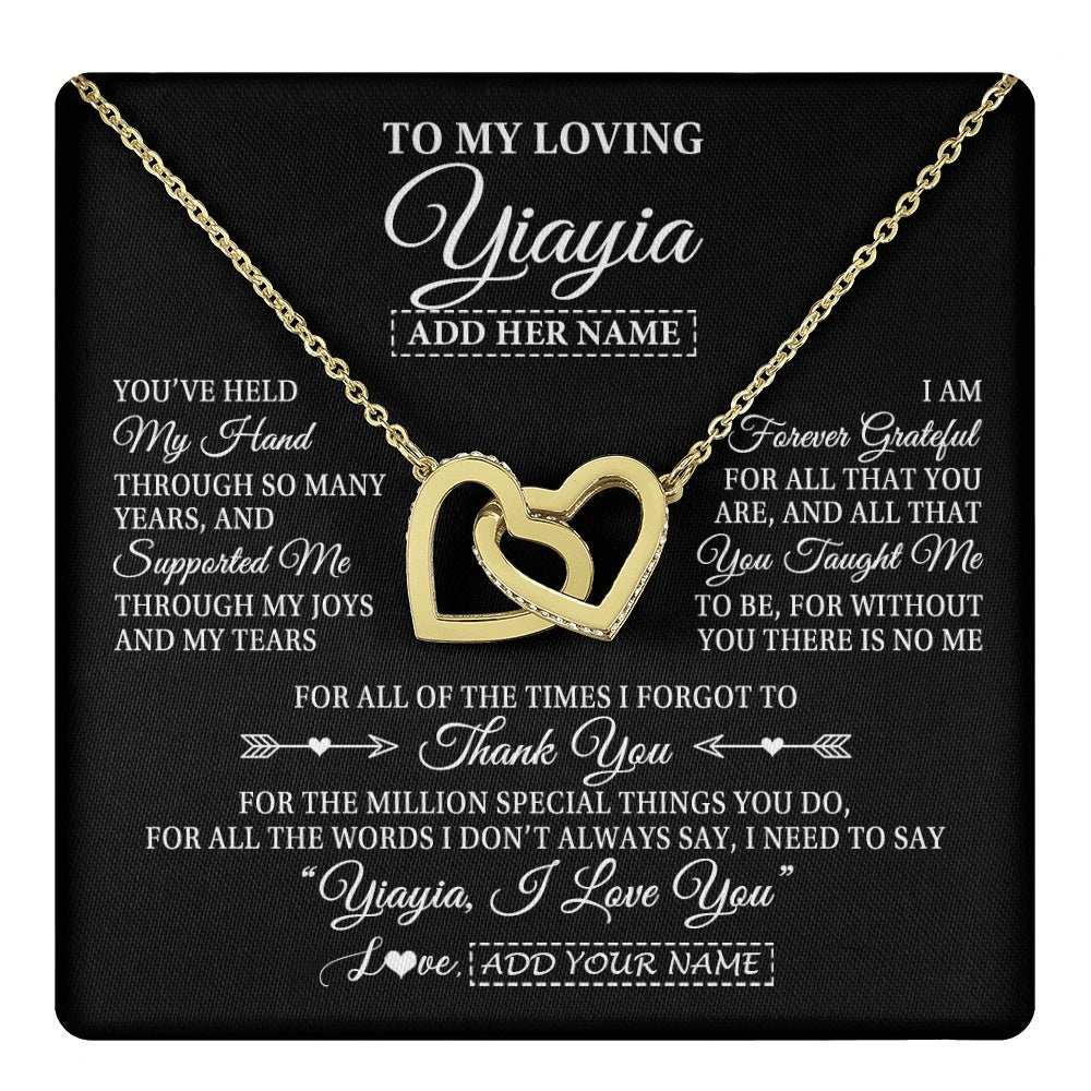 Interlocking Hearts Necklace 18K Yellow Gold Finish | 1 | Personalized To My Loving Yiayia Necklace From Granddaughter You've Help My Hand Yiayia Gift From Grandson Yiayia Birthday Mothers Day Gift Box Message Card | https://teecentury.