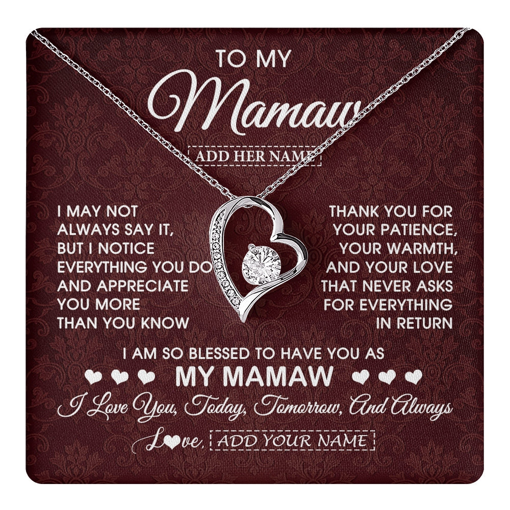 Forever Love Necklace 14K White Gold Finish | 1 | Personalized To My Mamaw Gifts From Granddaughter Necklace Meaningful Jewelry Pendant Gifts For Mamaw Mothers Day Birthday Christmas Gift Box Message Card | https://teecentury.